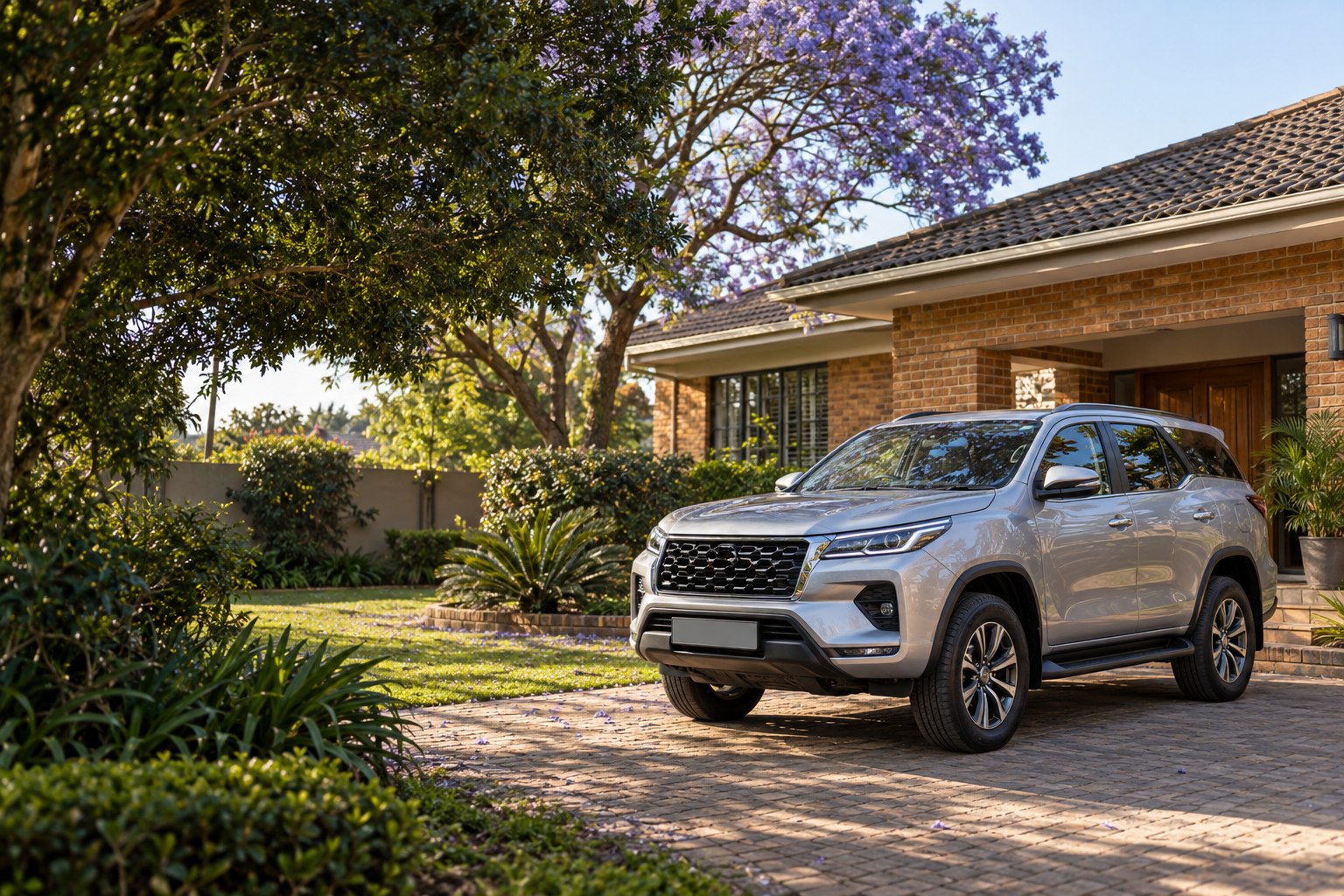 A silver SUV outside a home in a leafy Zambian neighbourhood
